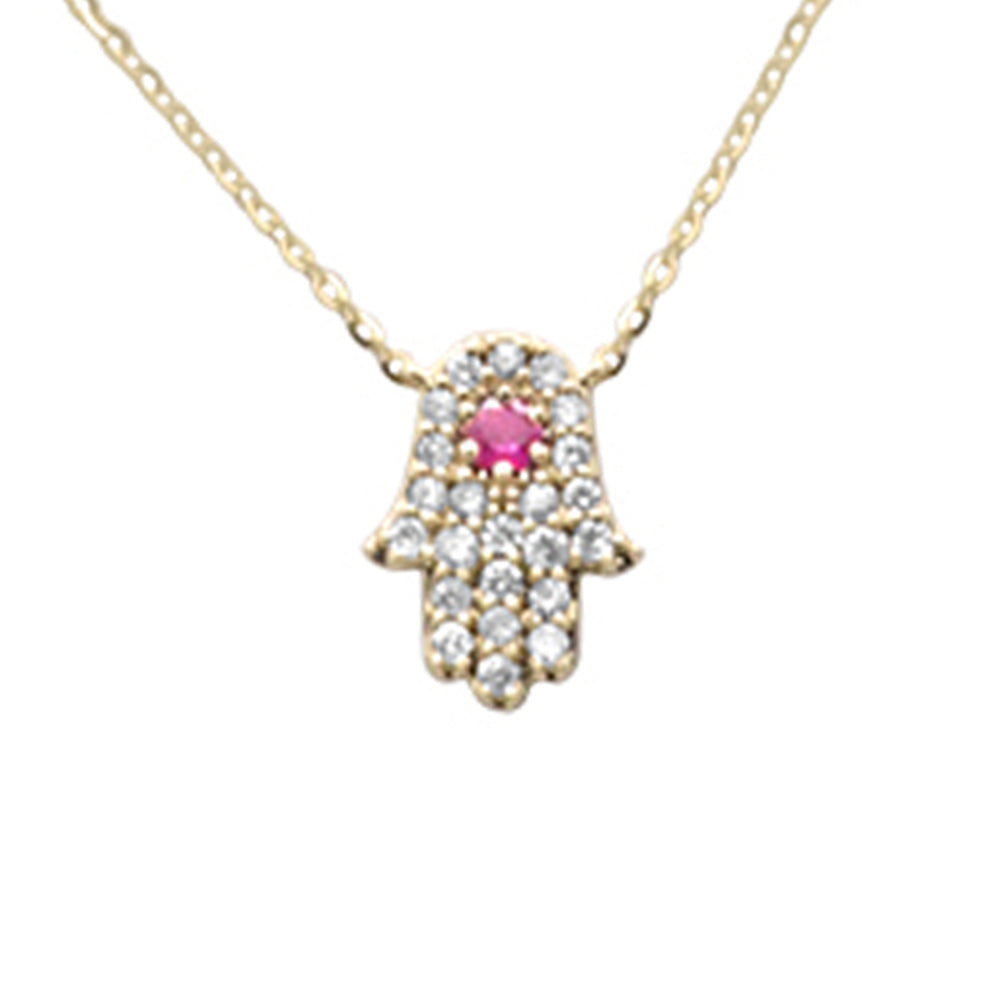 SPECIAL! .25ct G SI 14K Yellow Gold Diamond & Ruby Gemstone Hamsa Pendant Necklace 16+2" Ext