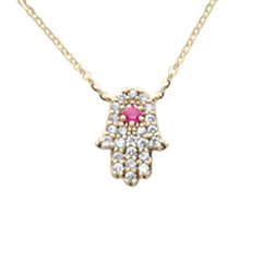 SPECIAL! .25ct G SI 14K Yellow Gold Diamond & Ruby Gemstone Hamsa Pendant Necklace 16+2" Ext