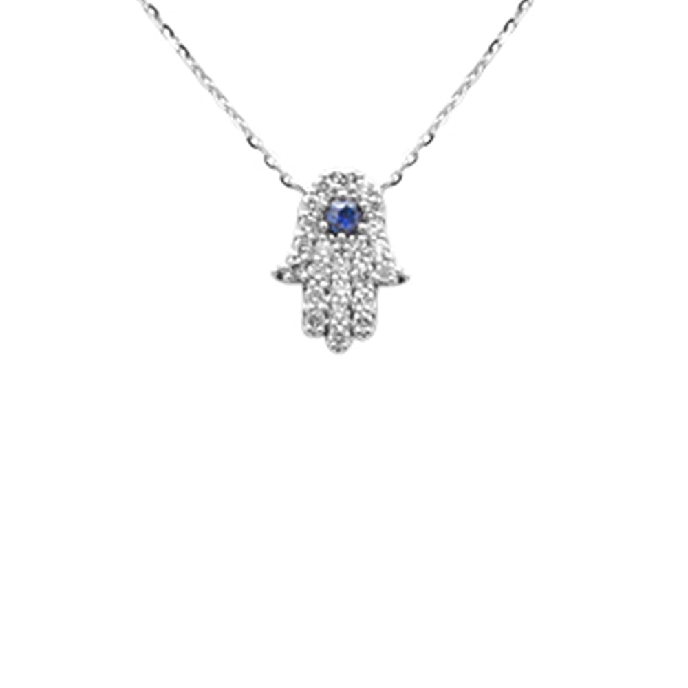 SPECIAL! .25ct G SI 14K White Gold Diamond & Blue Sapphire Gemstone Hamsa Pendant Necklace 16+2" Ext