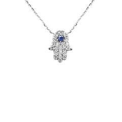 SPECIAL! .25ct G SI 14K White Gold Diamond & Blue Sapphire Gemstone Hamsa Pendant Necklace 16+2" Ext