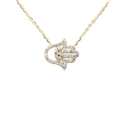 .12ct G SI 14K Yellow Gold Diamond Hamsa Pendant Necklace 16+2" Ext
