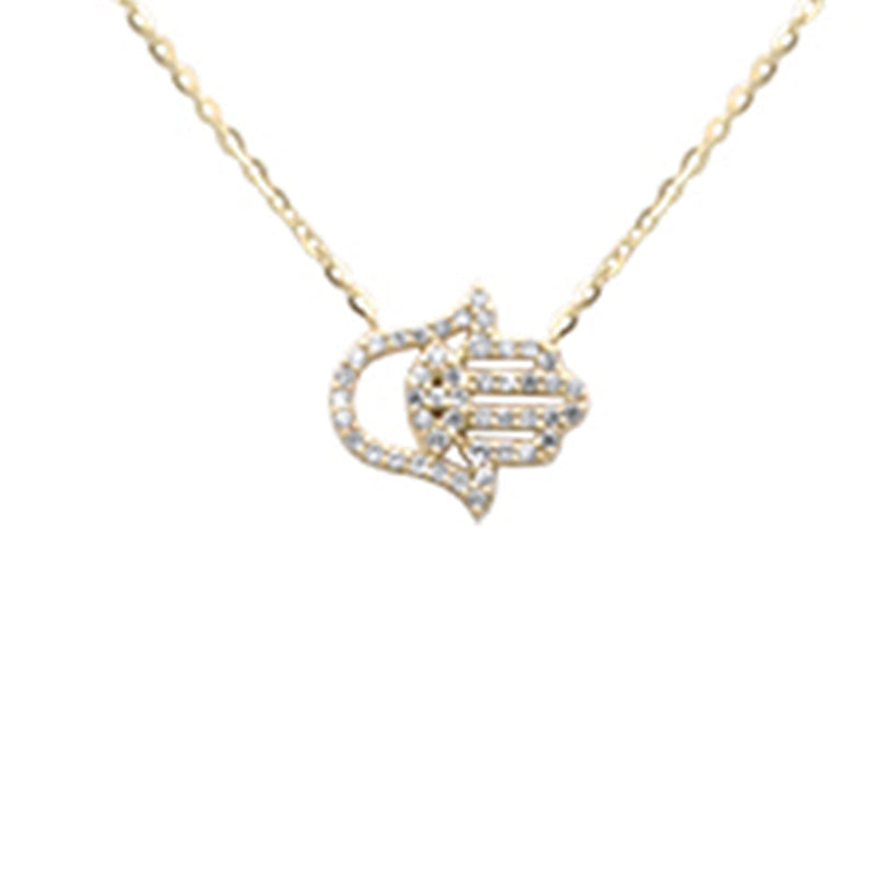 .12ct G SI 14K Yellow Gold Diamond Hamsa Pendant Necklace 16+2" Ext