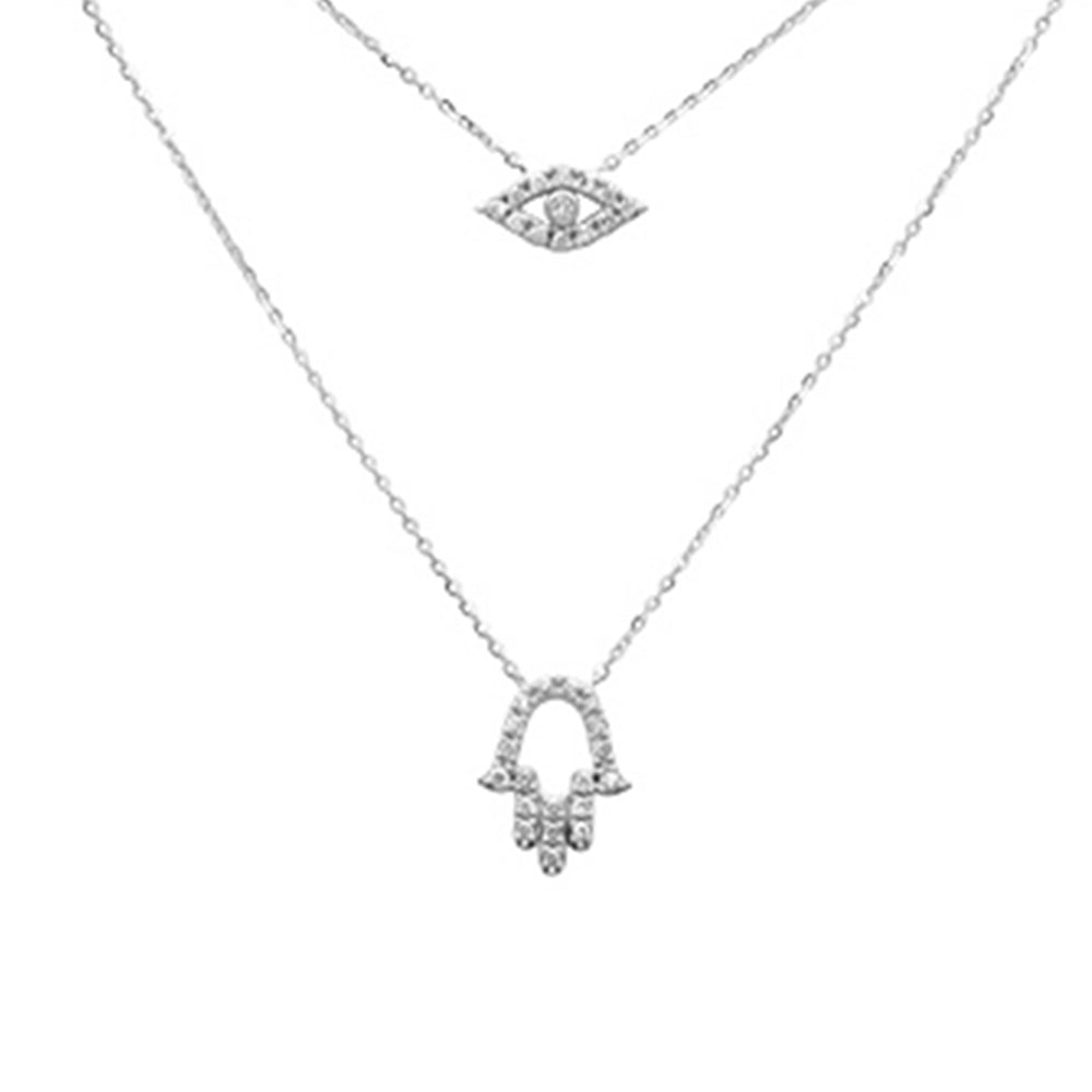 SPECIAL! .19ct G SI 14K White Gold Diamond Evil Eye & Hamsa Pendant Necklace 16+2" Ext