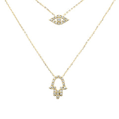 SPECIAL! .19ct G SI 14K Yellow Gold Diamond Evil Eye & Hamsa Pendant Necklace 16+2" Ext