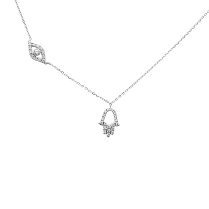DIAMOND CLOSEOUT! .14ct G SI 14K White Gold Diamond Evil Eye & Hamsa Pendant Necklace 16+2" Ext