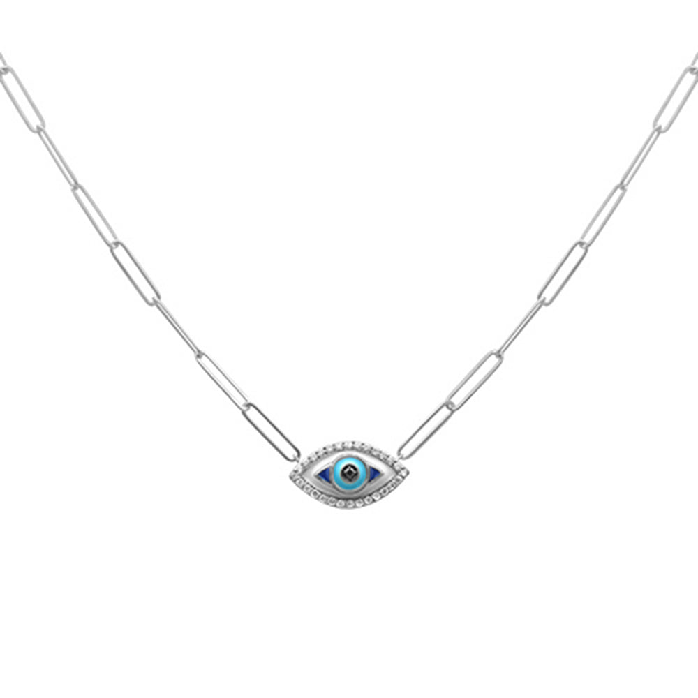 DIAMOND CLOSEOUT!  .16ct G SI 14K White Gold Diamond Evil Eye Enamel Paper Clip Pendant Necklace 18" Long