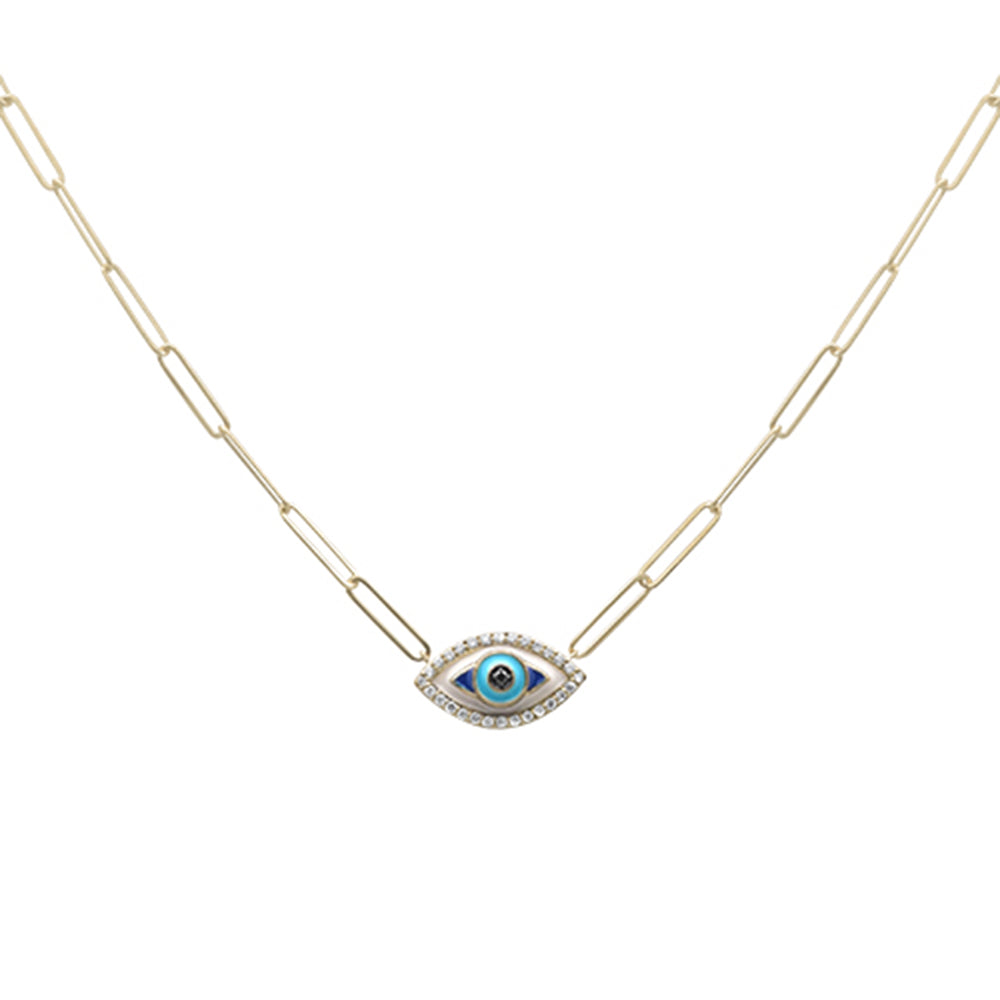 DIAMOND CLOSEOUT!  .16ct G SI 14K Yellow Gold Diamond Evil Eye Enamel Paper Clip Pendant Necklace 18" Long