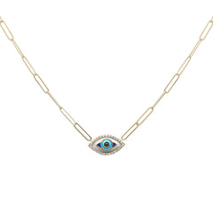 DIAMOND CLOSEOUT!  .16ct G SI 14K Yellow Gold Diamond Evil Eye Enamel Paper Clip Pendant Necklace 18" Long