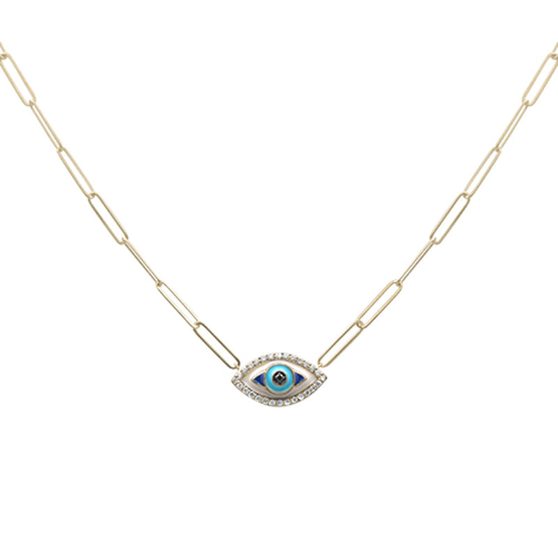 DIAMOND CLOSEOUT!  .16ct G SI 14K Yellow Gold Diamond Evil Eye Enamel Paper Clip Pendant Necklace 18" Long