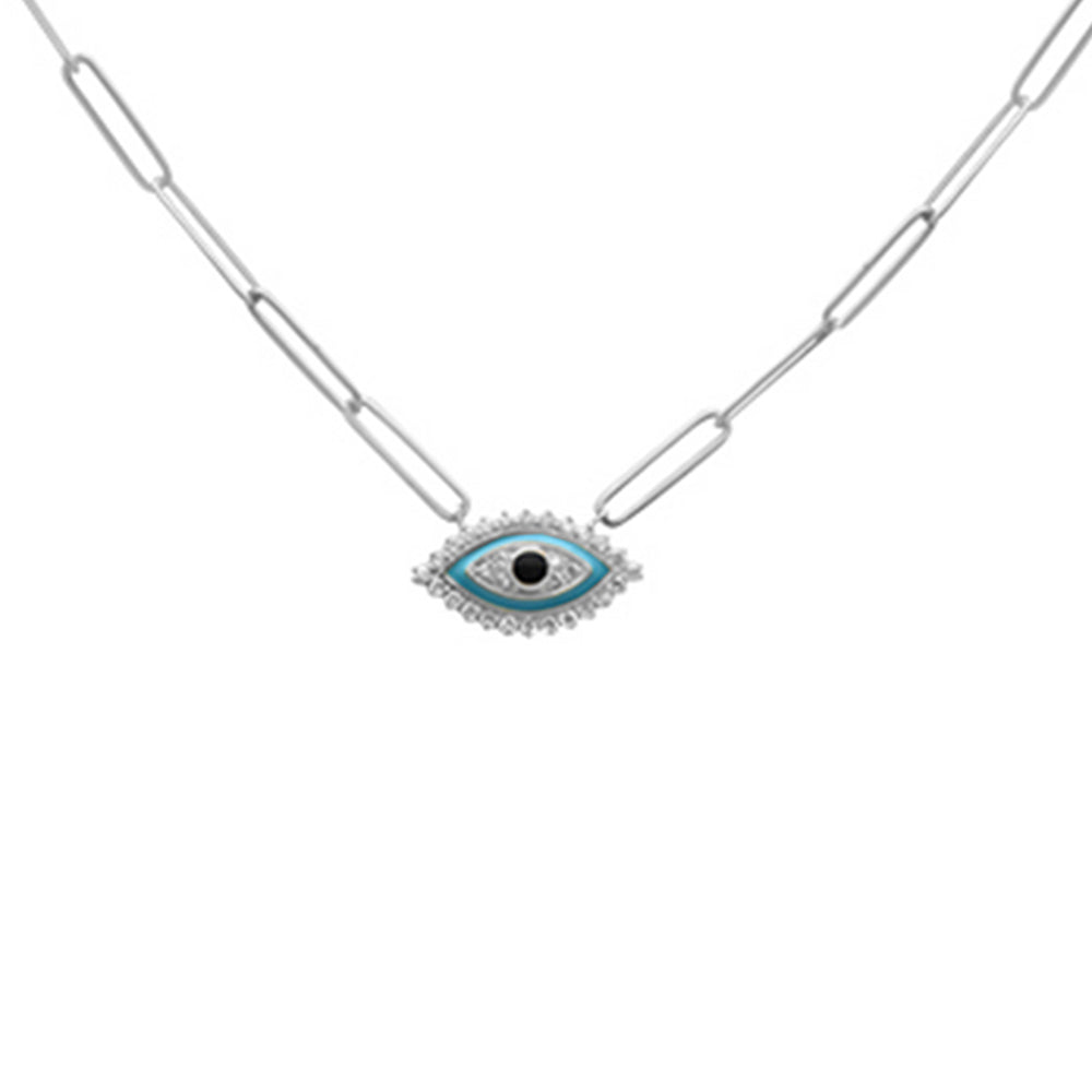SPECIAL! .16ct G SI 14K Yellow Gold Diamond Evil Eye Enamel Paper Clip Pendant Necklace 18" Long