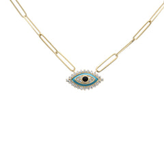 SPECIAL! .16ct G SI 14K White Gold Diamond Evil Eye Enamel Paper Clip Pendant Necklace 18" Long