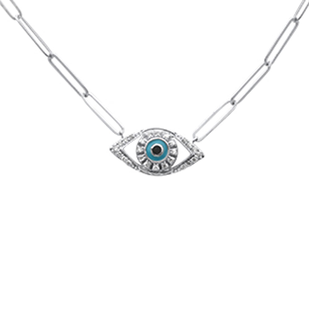 SPECIAL! .13ct G SI 14K White Gold Diamond Evil Eye Enamel Paper Clip Pendant Necklace 18" Long