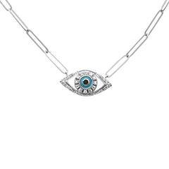 SPECIAL! .13ct G SI 14K White Gold Diamond Evil Eye Enamel Paper Clip Pendant Necklace 18" Long