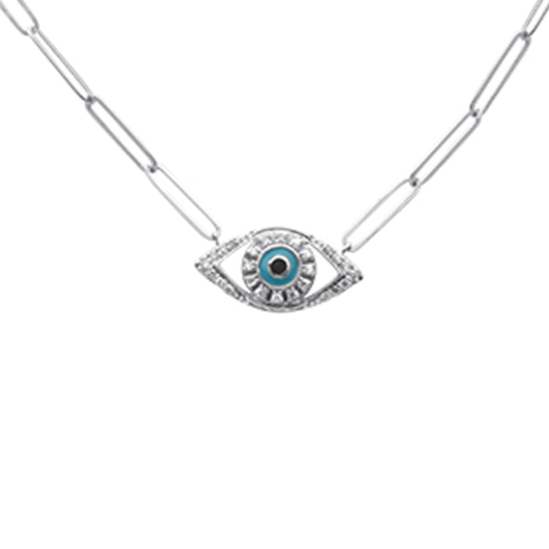 SPECIAL! .13ct G SI 14K White Gold Diamond Evil Eye Enamel Paper Clip Pendant Necklace 18" Long