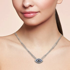 SPECIAL! .18ct G SI 14K White Gold Diamond Evil Eye Enamel Paper Clip Pendant Necklace 18" Long