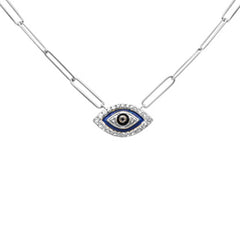 SPECIAL! .18ct G SI 14K White Gold Diamond Evil Eye Enamel Paper Clip Pendant Necklace 18" Long
