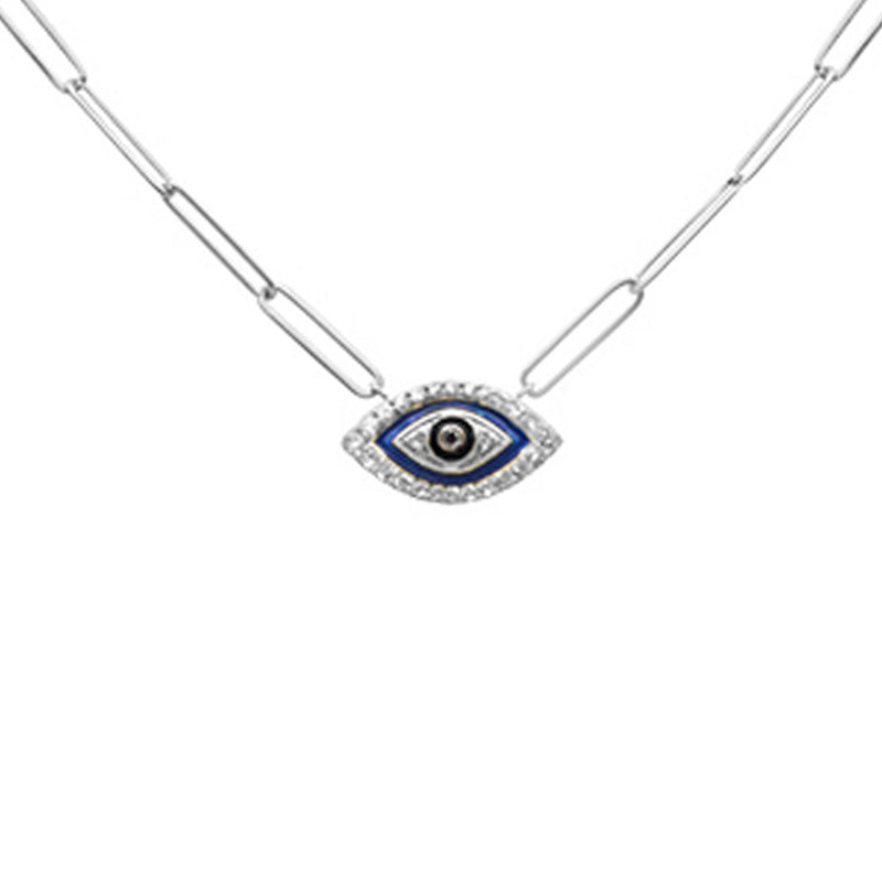 SPECIAL! .18ct G SI 14K White Gold Diamond Evil Eye Enamel Paper Clip Pendant Necklace 18" Long