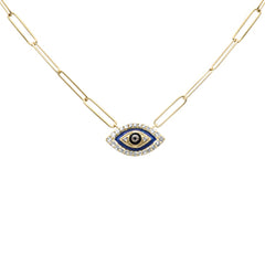 SPECIAL! .17ct G SI 14K Yellow Gold Diamond Evil Eye Enamel Paper Clip Pendant Necklace 18" Long
