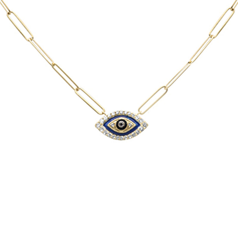 SPECIAL! .17ct G SI 14K Yellow Gold Diamond Evil Eye Enamel Paper Clip Pendant Necklace 18" Long