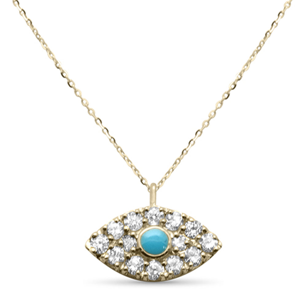 .15ct G SI 14K Yellow Gold Diamond & Turquoise Evil Eye Petite Pendant Necklace 18"