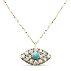 .15ct G SI 14K Yellow Gold Diamond & Turquoise Evil Eye Petite Pendant Necklace 18"