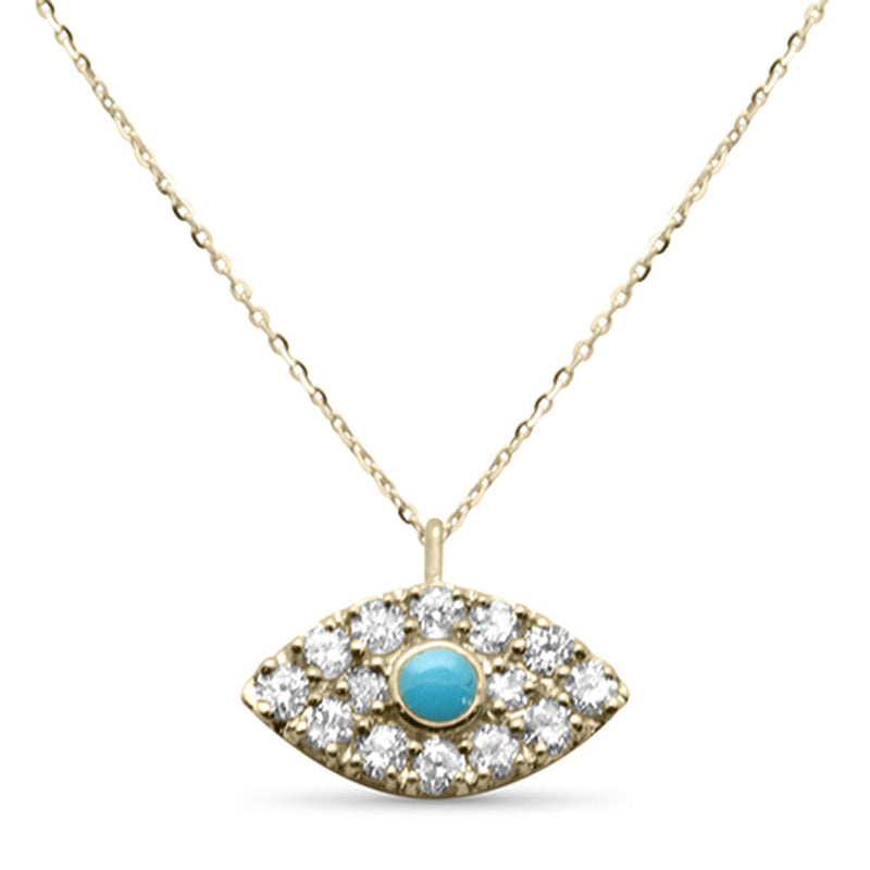 .15ct G SI 14K Yellow Gold Diamond & Turquoise Evil Eye Petite Pendant Necklace 18"