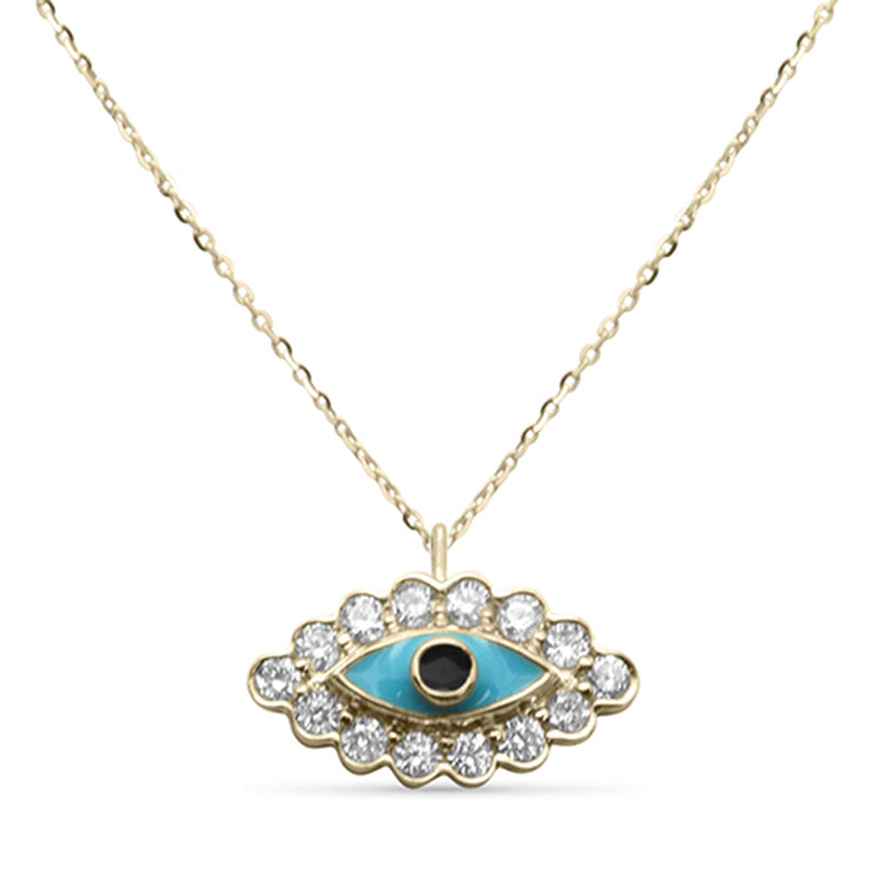 .10ct G SI 14K Yellow Gold Diamond Evil Eye Enamel Petite Pendant Necklace 18"