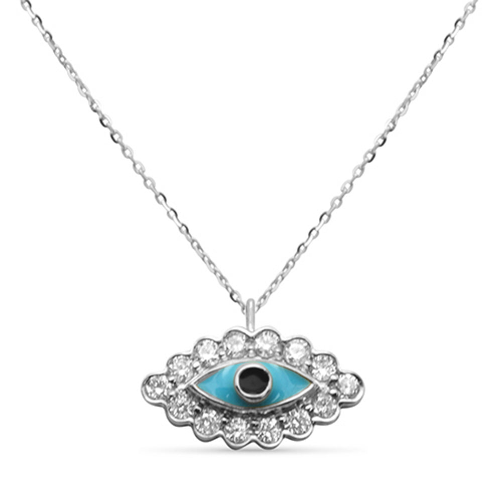 .09ct G SI 14K White Gold Diamond Evil Eye Enamel Petite Pendant Necklace 18"