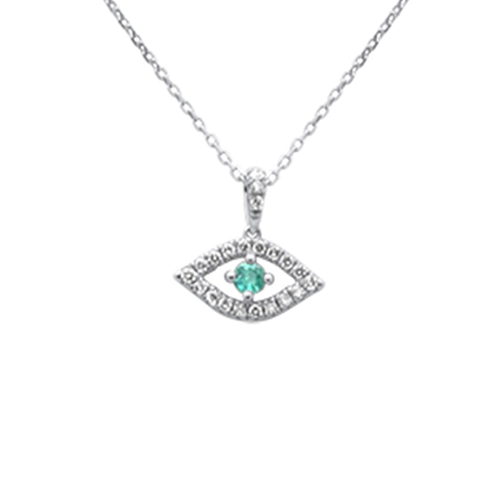 SPECIAL!.37ct G SI 14K White Gold Diamond & Emerald Gemstone Evil Eye Pendant 18" long Chain