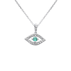 SPECIAL!.37ct G SI 14K White Gold Diamond & Emerald Gemstone Evil Eye Pendant 18" long Chain