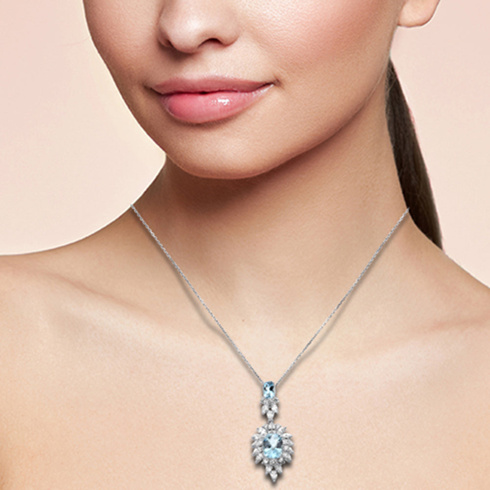 SPECIAL! 6.06ct G SI 14K White Gold Diamond & Aqua Gemstones Pendant Necklace
