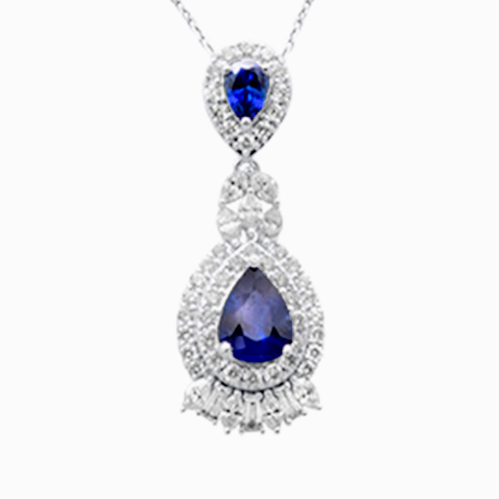 SPECIAL! 3.83ct G SI 14K White Gold Diamond & Blue Sapphire Gemstones Pendant Necklace
