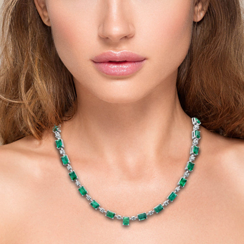 SPECIAL! 27.75ct G SI 14K White Gold Diamond & Natural Emerald Gemstones Pendant Necklace 16+2" Ext. Long