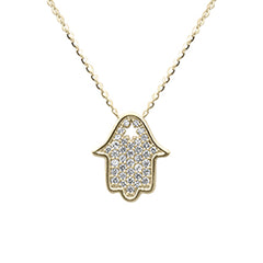 SPECIAL!  .29ct G SI 14K Yellow Gold Diamond Hamsa Pendant Neckalace 16+2" Ext. Long