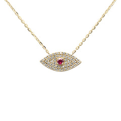 .16ct G SI 14K Yellow Gold Diamond & Ruby Gemstone Evil Eye Pendant Necklace 16+2" Ext. Long