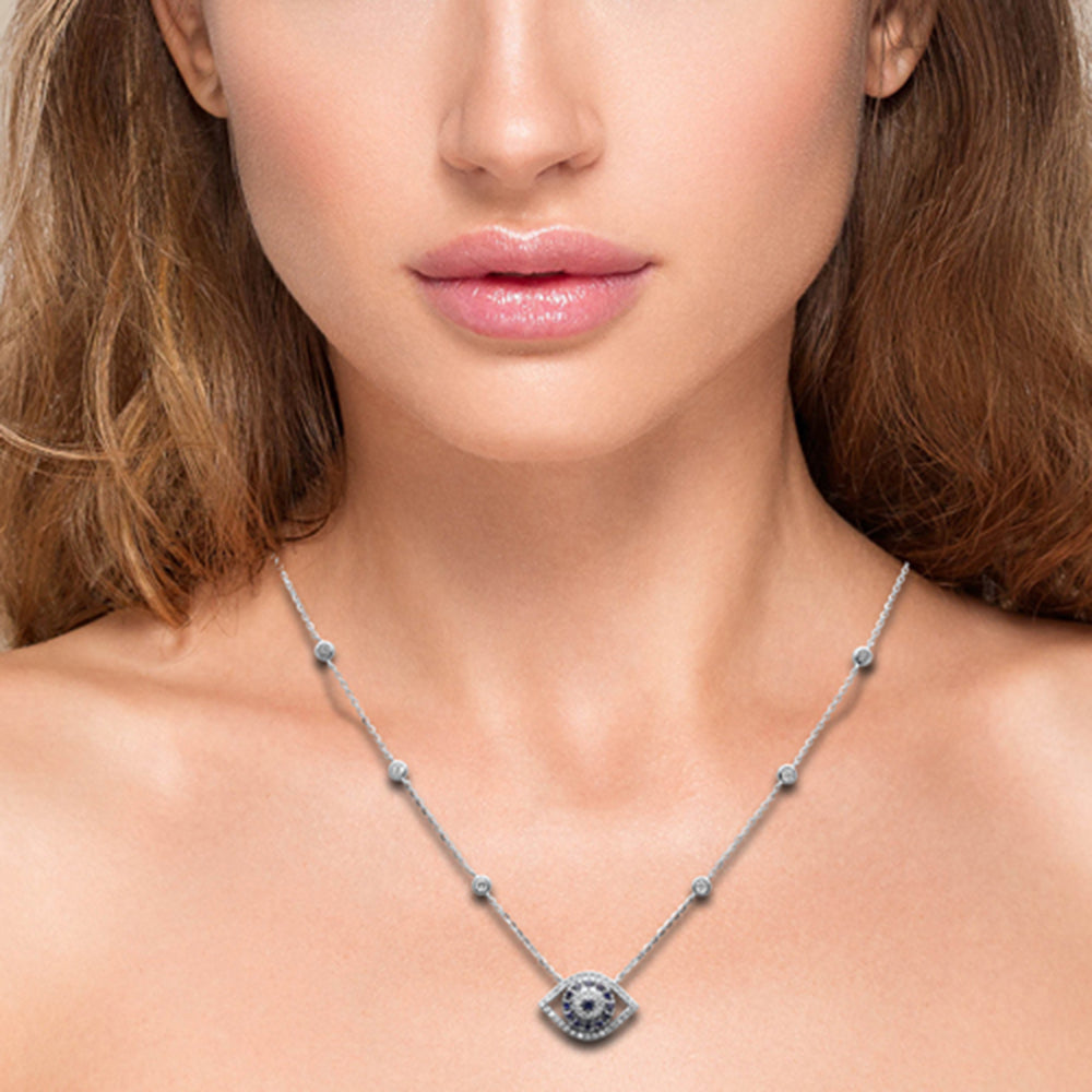 SPECIAL! .45ct G SI 14K White Gold Diamond & Blue Sapphire Gemstones Pendant Necklace 16+2" Ext. Long