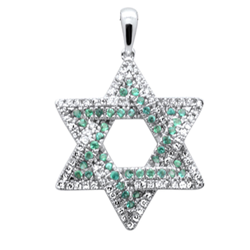 SPECIAL!  .48ct G SI 14K White Gold Diamond & Emerald Gemstones Star of David Pendant No Chain