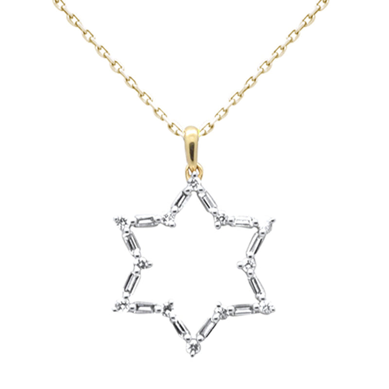 SPECIAL!  .26ct G SI 14K Yellow Gold Round & Baguette Diamond Star of David Pendant Necklace 18" Long Chain