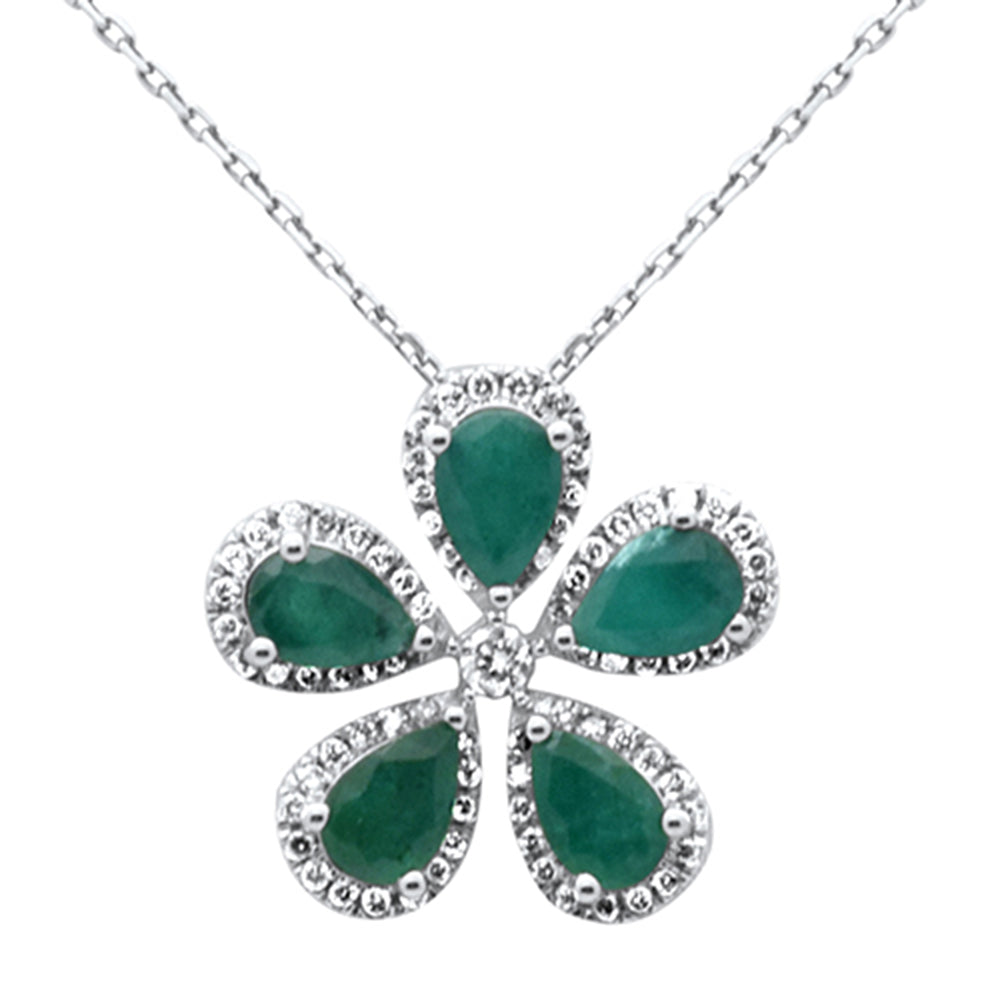 SPECIAL! 2.23ct G SI 14K White Gold Diamond & Emerald Gemstones Flower Pendant Necklace 18" Long Chain