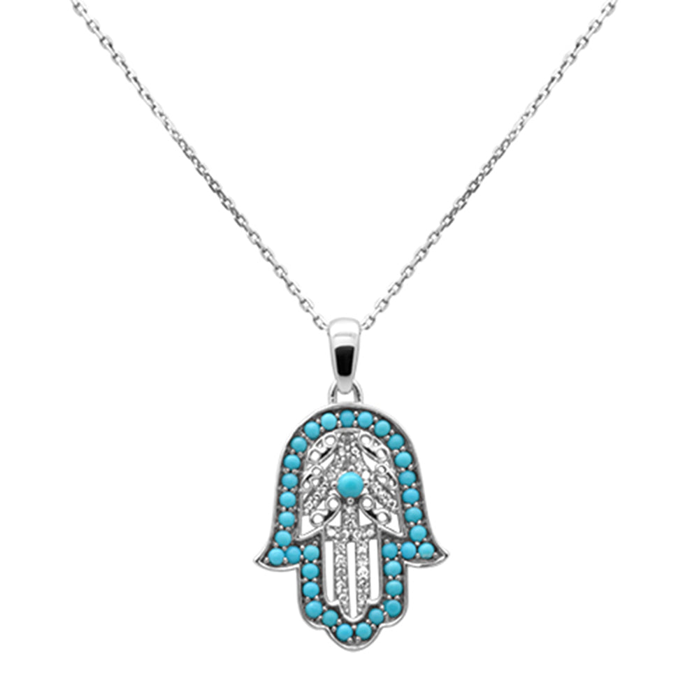 SPECIAL!.80ct G SI 14K White Gold Diamond & Turquoise Hamsa Pendant Necklace 18" Long Chain