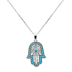 SPECIAL!.80ct G SI 14K White Gold Diamond & Turquoise Hamsa Pendant Necklace 18" Long Chain