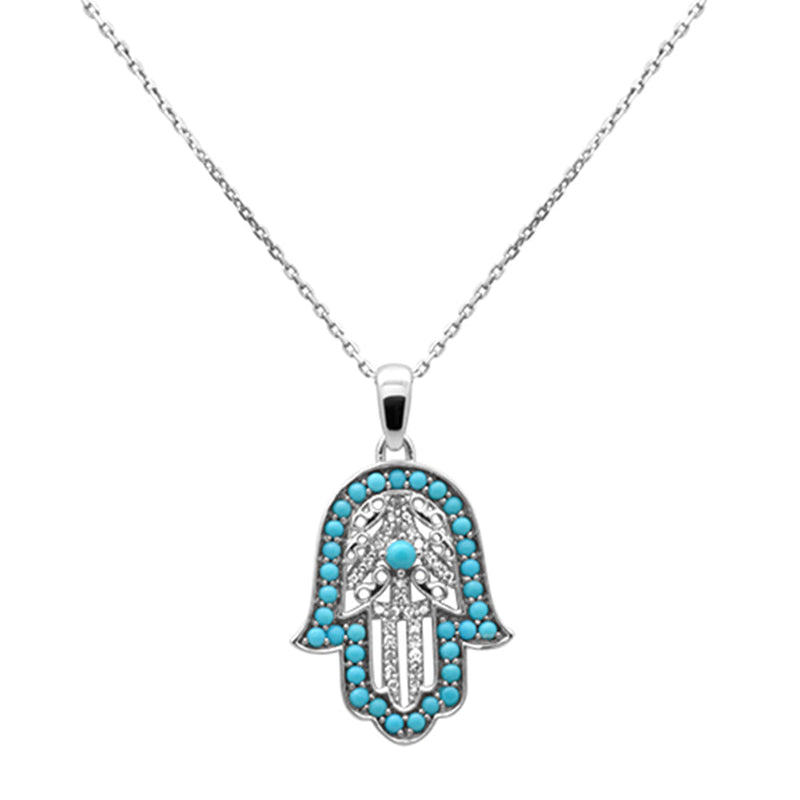 SPECIAL!.80ct G SI 14K White Gold Diamond & Turquoise Hamsa Pendant Necklace 18" Long Chain
