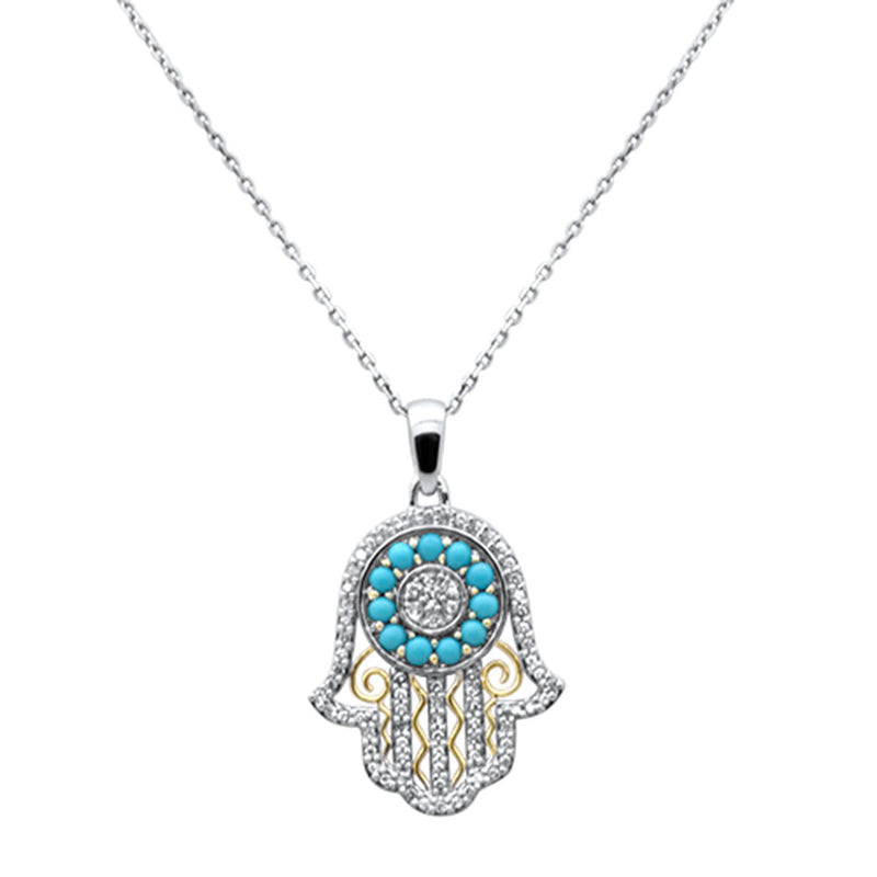SPECIAL!.95ct G SI 14K Two Tone Gold Diamond & Turquoise Hamza Pendant Necklace 18" Long Chain