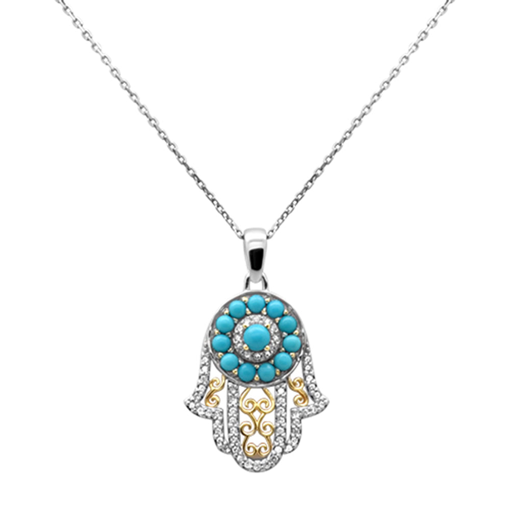 SPECIAL!.97ct G SI 14K Two Tone Gold Diamond & Turquoise Hamsa Pendant Necklace 18" Long Chain
