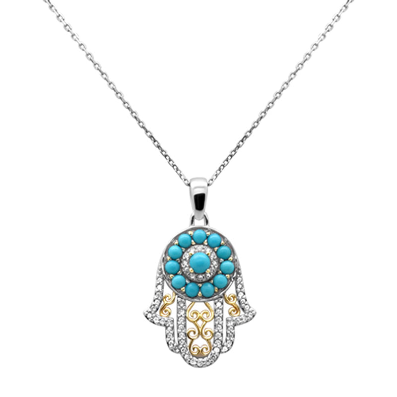 SPECIAL!.97ct G SI 14K Two Tone Gold Diamond & Turquoise Hamsa Pendant Necklace 18" Long Chain