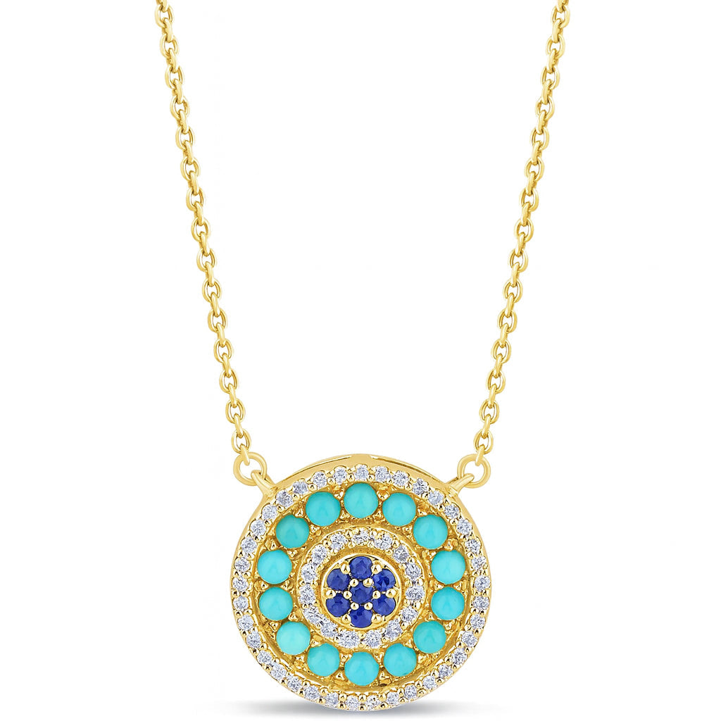 SPECIAL!1.01ct G SI 14K Yellow Gold Round Shape Halo Diamond, Blue Sapphire & Turquoise Pendant Necklace 18" Long Chain