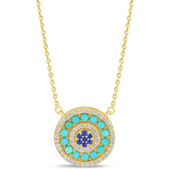 SPECIAL!1.01ct G SI 14K Yellow Gold Round Shape Halo Diamond, Blue Sapphire & Turquoise Pendant Necklace 18" Long Chain