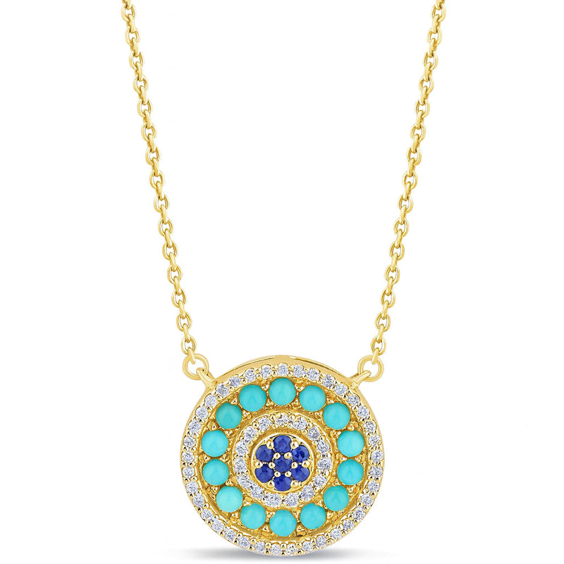 SPECIAL!1.01ct G SI 14K Yellow Gold Round Shape Halo Diamond, Blue Sapphire & Turquoise Pendant Necklace 18" Long Chain