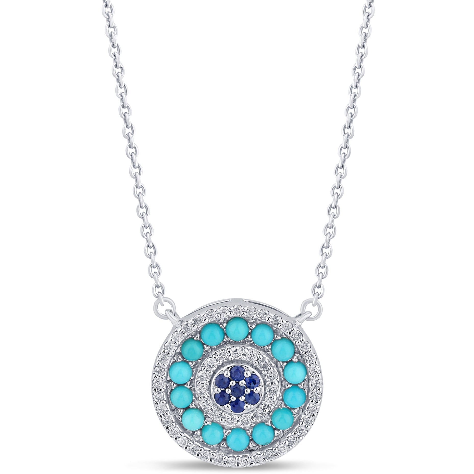 SPECIAL!1.01ct G SI 14K White Gold Round Shape Halo Diamond, Blue Sapphire & Turquoise Pendant Necklace 18" Long Chain