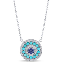 SPECIAL!1.01ct G SI 14K White Gold Round Shape Halo Diamond, Blue Sapphire & Turquoise Pendant Necklace 18" Long Chain